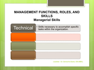 MANAGEMENT FUNCTIONS, ROLES, AND
SKILLS
Managerial Skills
• Skills necessary to accomplish specific
tasks within the organization.
Technical
Leadstar - Dr. Gemechis Desta, OB (MBA)
 