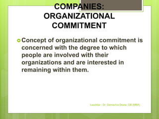 COMPANIES:
ORGANIZATIONAL
COMMITMENT
Concept of organizational commitment is
concerned with the degree to which
people are involved with their
organizations and are interested in
remaining within them.
Leadstar - Dr. Gemechis Desta, OB (MBA)
 