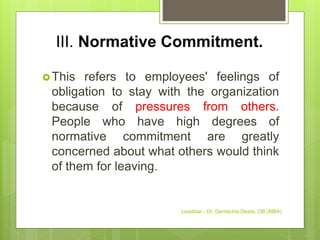 III. Normative Commitment.
This refers to employees' feelings of
obligation to stay with the organization
because of pressures from others.
People who have high degrees of
normative commitment are greatly
concerned about what others would think
of them for leaving.
Leadstar - Dr. Gemechis Desta, OB (MBA)
 