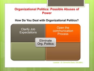 Organizational Politics: Possible Abuses of
Power
How Do You Deal with Organizational Politics?
Clarify Job
Expectations
Open the
communication
Process
Eliminate
Org. Politics
Leadstar - Dr. Gemechis Desta, OB (MBA)
 