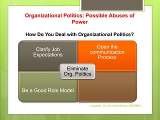 Organizational Politics: Possible Abuses of
Power
How Do You Deal with Organizational Politics?
Clarify Job
Expectations
Open the
communication
Process
Be a Good Role Model
Eliminate
Org. Politics
Leadstar - Dr. Gemechis Desta, OB (MBA)
 