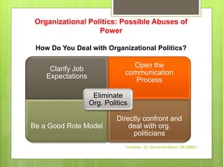 Organizational Politics: Possible Abuses of
Power
How Do You Deal with Organizational Politics?
Clarify Job
Expectations
Open the
communication
Process
Be a Good Role Model
Directly confront and
deal with org.
politicians
Eliminate
Org. Politics
Leadstar - Dr. Gemechis Desta, OB (MBA)
 