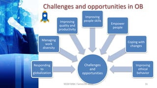 Challenges and opportunities in OB
16
Challenges
and
opportunities
Responding
to
globalization
Managing
work
diversity
Improving
quality and
productivity
Improving
people skills
Empower
people
Coping with
changes
Improving
ethical
behavior
MSM-MBA I Semester 2020
 