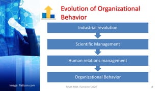 Evolution of Organizational
Behavior
18
Organizational Behavior
Human relations management
Scientific Management
Industrial revolution
Image: flaticon.com MSM-MBA I Semester 2020
 