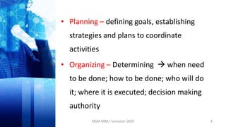 • Planning – defining goals, establishing
strategies and plans to coordinate
activities
• Organizing – Determining  when need
to be done; how to be done; who will do
it; where it is executed; decision making
authority
4MSM-MBA I Semester 2020
 
