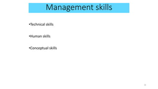 Management skills
•Technical skills
•Human skills
•Conceptual skills
18
 