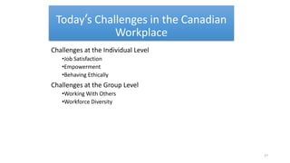 Today’s Challenges in the Canadian
Workplace
Challenges at the Individual Level
•Job Satisfaction
•Empowerment
•Behaving Ethically
Challenges at the Group Level
•Working With Others
•Workforce Diversity
27
 
