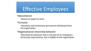 Effective Employees
•Absenteeism
•Failure to report to work
•Turnover
•Voluntary and involuntary permanent withdrawal from
the organization
•Organizational citizenship behavior
•Discretionary behavior that is not part of an employee’s
formal job requirements, but is helpful to the organization
30
 