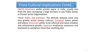 Cross Cultural Implications Contd…
•North Americans prefer private space. In India, usually one
finds the boss occupying a large territory in any Public Sector
or Private Sector Organizations.
•Work habits and practices- The attitude towards work may
vary greatly across various cultures. European favors power
and status; Americans prefer to be informal and value initiative
and achievement greatly; Japanese emphasize consensus and
teamwork in workplace more than anything else.
39
 