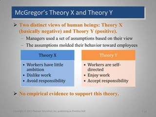 McGregor’s Theory X and Theory Y
 Two distinct views of human beings: Theory X
(basically negative) and Theory Y (positiv...