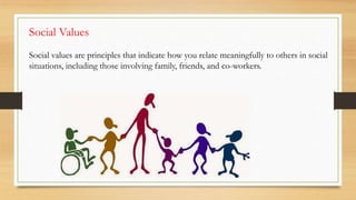 Social Values
Social values are principles that indicate how you relate meaningfully to others in social
situations, including those involving family, friends, and co-workers.
 