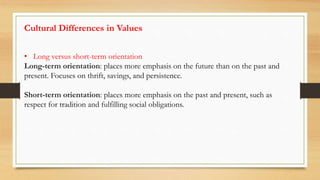 Cultural Differences in Values
• Long versus short-term orientation
Long-term orientation: places more emphasis on the future than on the past and
present. Focuses on thrift, savings, and persistence.
Short-term orientation: places more emphasis on the past and present, such as
respect for tradition and fulfilling social obligations.
 