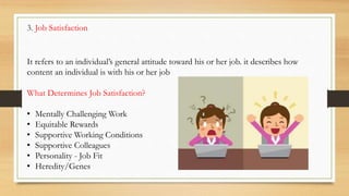 It refers to an individual’s general attitude toward his or her job. it describes how
content an individual is with his or her job
What Determines Job Satisfaction?
• Mentally Challenging Work
• Equitable Rewards
• Supportive Working Conditions
• Supportive Colleagues
• Personality - Job Fit
• Heredity/Genes
3. Job Satisfaction
 