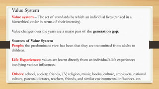 Value system – The set of standards by which an individual lives.(ranked in a
hierarchical order in terms of their intensity)
Value changes over the years are a major part of the generation gap.
Sources of Value System
People: the predominant view has been that they are transmitted from adults to
children.
Life Experiences: values are learnt directly from an individual’s life experiences
involving various influences.
Others: school, society, friends, TV, religion, music, books, culture, employers, national
culture, parental dictates, teachers, friends, and similar environmental influences. etc.
Value System
 