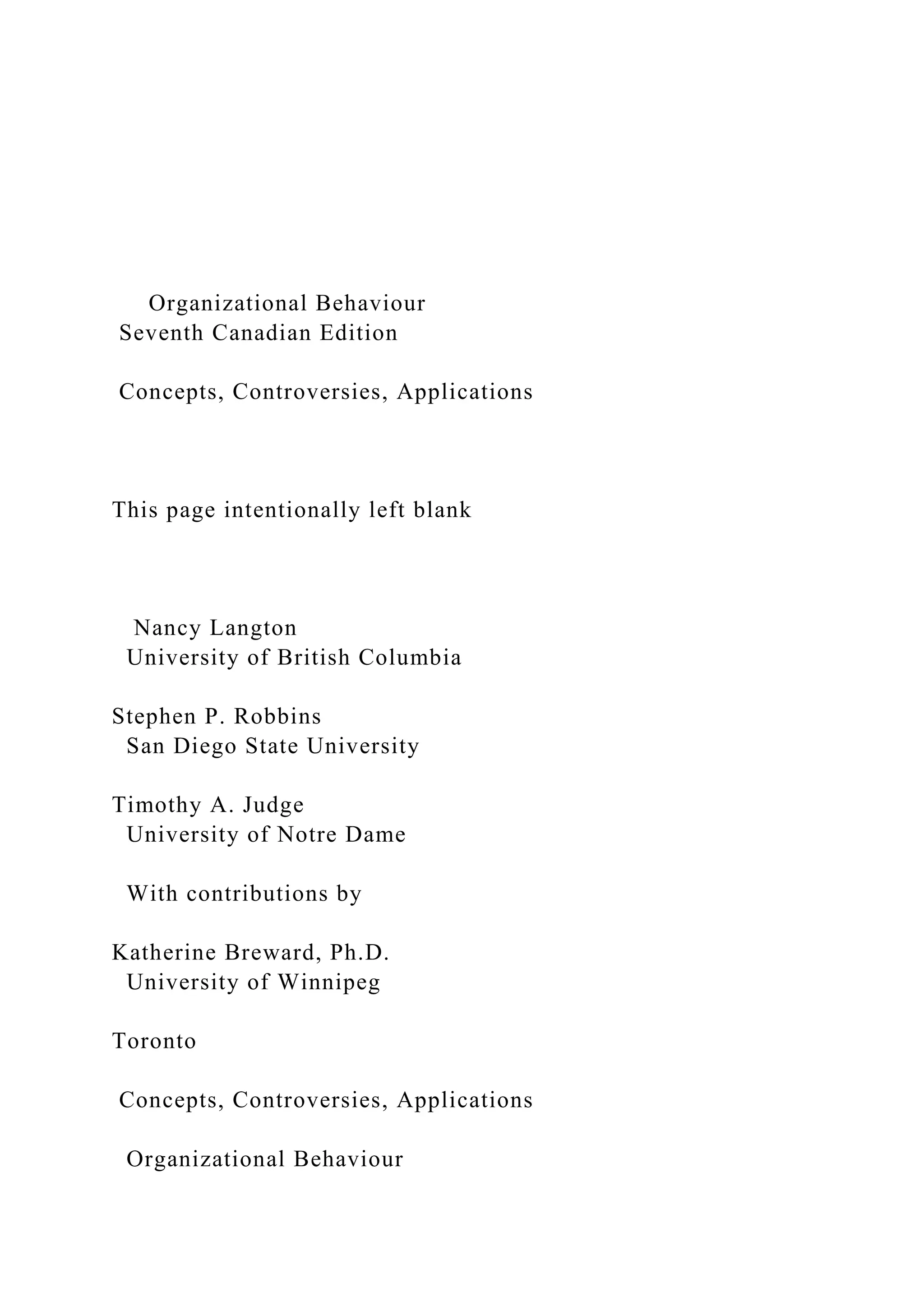 Organizational Behaviour Seventh Canadian Edition .docx