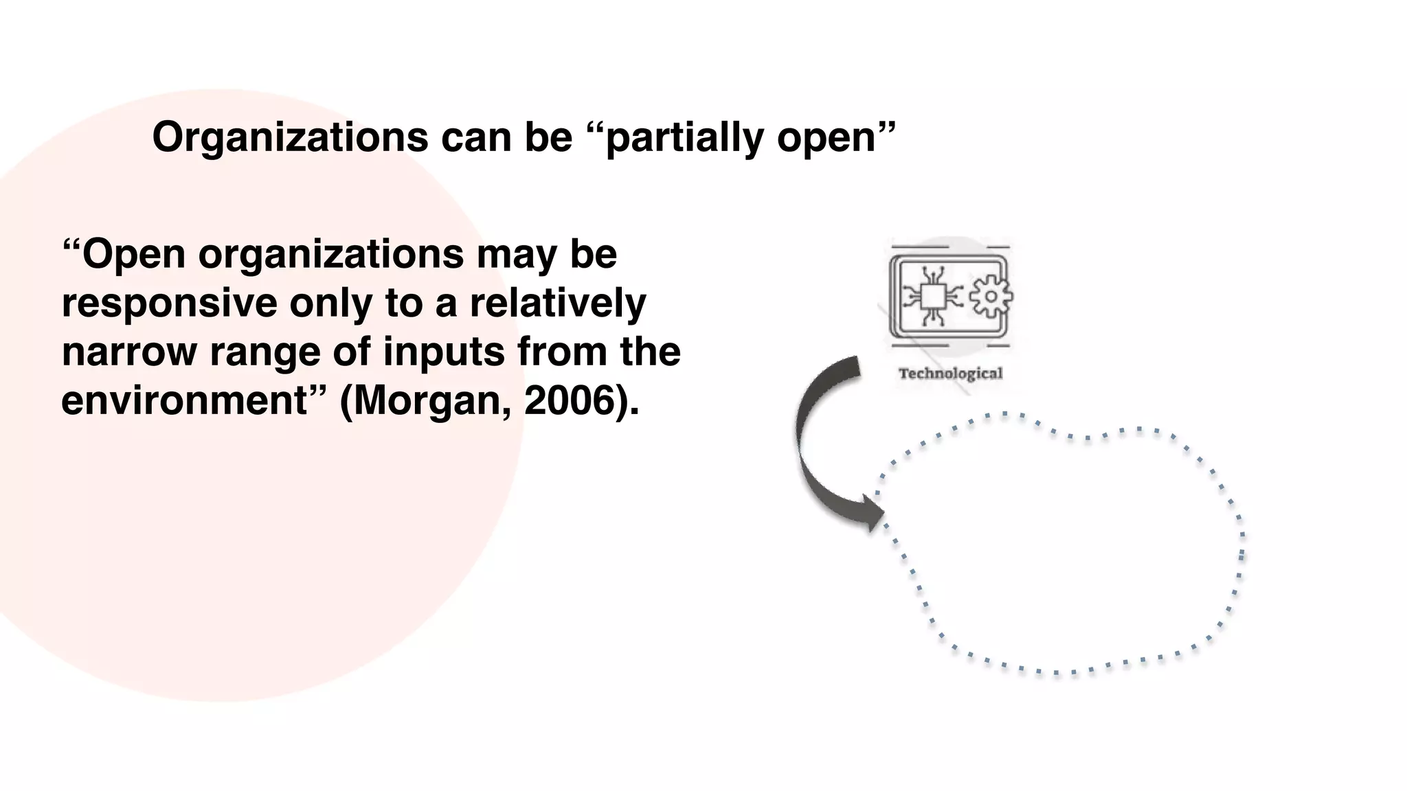 Organizations can be “partially open”
“Open organizations may be
responsive only to a relatively
narrow range of inputs from the
environment” (Morgan, 2006).
 