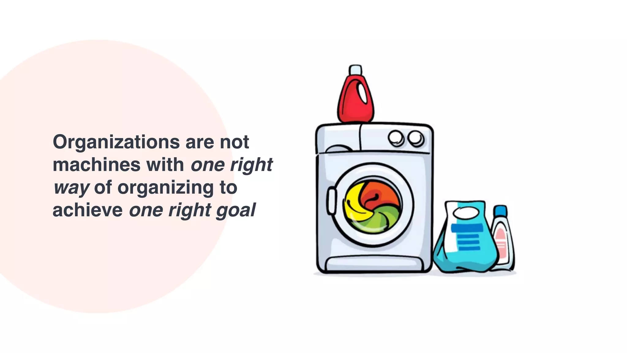 Organizations are not
machines with one right
way of organizing to
achieve one right goal
 