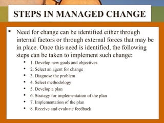 STEPS IN MANAGED CHANGE
 Need for change can be identified either through
internal factors or through external forces that may be
in place. Once this need is identified, the following
steps can be taken to implement such change:
 1. Develop new goals and objectives
 2. Select an agent for change
 3. Diagnose the problem
 4. Select methodology
 5. Develop a plan
 6. Strategy for implementation of the plan
 7. Implementation of the plan
 8. Receive and evaluate feedback
 