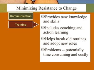 CommunicationCommunication Provides new knowledge
and skills
Includes coaching and
action learning
Helps break old routines
and adopt new roles
Problems -- potentially
time consuming and costly
Minimizing Resistance to Change
TrainingTraining
 