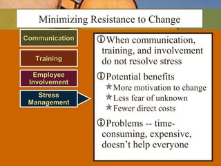 CommunicationCommunication When communication,
training, and involvement
do not resolve stress
Potential benefits
More motivation to change
Less fear of unknown
Fewer direct costs
Problems -- time-
consuming, expensive,
doesn’t help everyone
Minimizing Resistance to Change
TrainingTraining
EmployeeEmployee
InvolvementInvolvement
StressStress
ManagementManagement
 