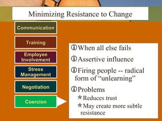 CommunicationCommunication
When all else fails
Assertive influence
Firing people -- radical
form of “unlearning”
Problems
Reduces trust
May create more subtle
resistance
Minimizing Resistance to Change
TrainingTraining
EmployeeEmployee
InvolvementInvolvement
StressStress
ManagementManagement
Negotiation
Coercion
 