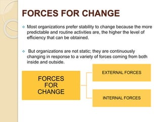 FORCES FOR CHANGE
 Most organizations prefer stability to change because the more
predictable and routine activities are, the higher the level of
efficiency that can be obtained.
 But organizations are not static; they are continuously
changing in response to a variety of forces coming from both
inside and outside.
FORCES
FOR
CHANGE
EXTERNAL FORCES
INTERNAL FORCES
 