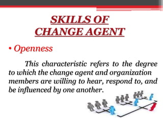 SKILLS OF
CHANGE AGENT
• Openness
This characteristic refers to the degree
to which the change agent and organization
members are willing to hear, respond to, and
be influenced by one another.
 