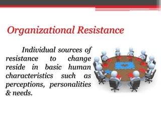 Organizational Resistance
Individual sources of
resistance to change
reside in basic human
characteristics such as
perceptions, personalities
& needs.
 