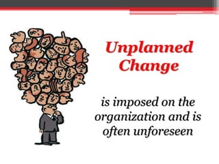 Unplanned
Change
is imposed on the
organization and is
often unforeseen
 
