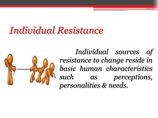 Individual Resistance
Individual sources of
resistance to change reside in
basic human characteristics
such as perceptions...