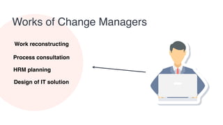Works of Change Managers
Work reconstructing
Process consultation
HRM planning
Design of IT solution
 
