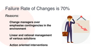 Failure Rate of Changes is 70%
Change managers over
emphasise contingencies in the
environment
Linear and rational management
of various solutions
Action oriented interventions
Reasons:
 