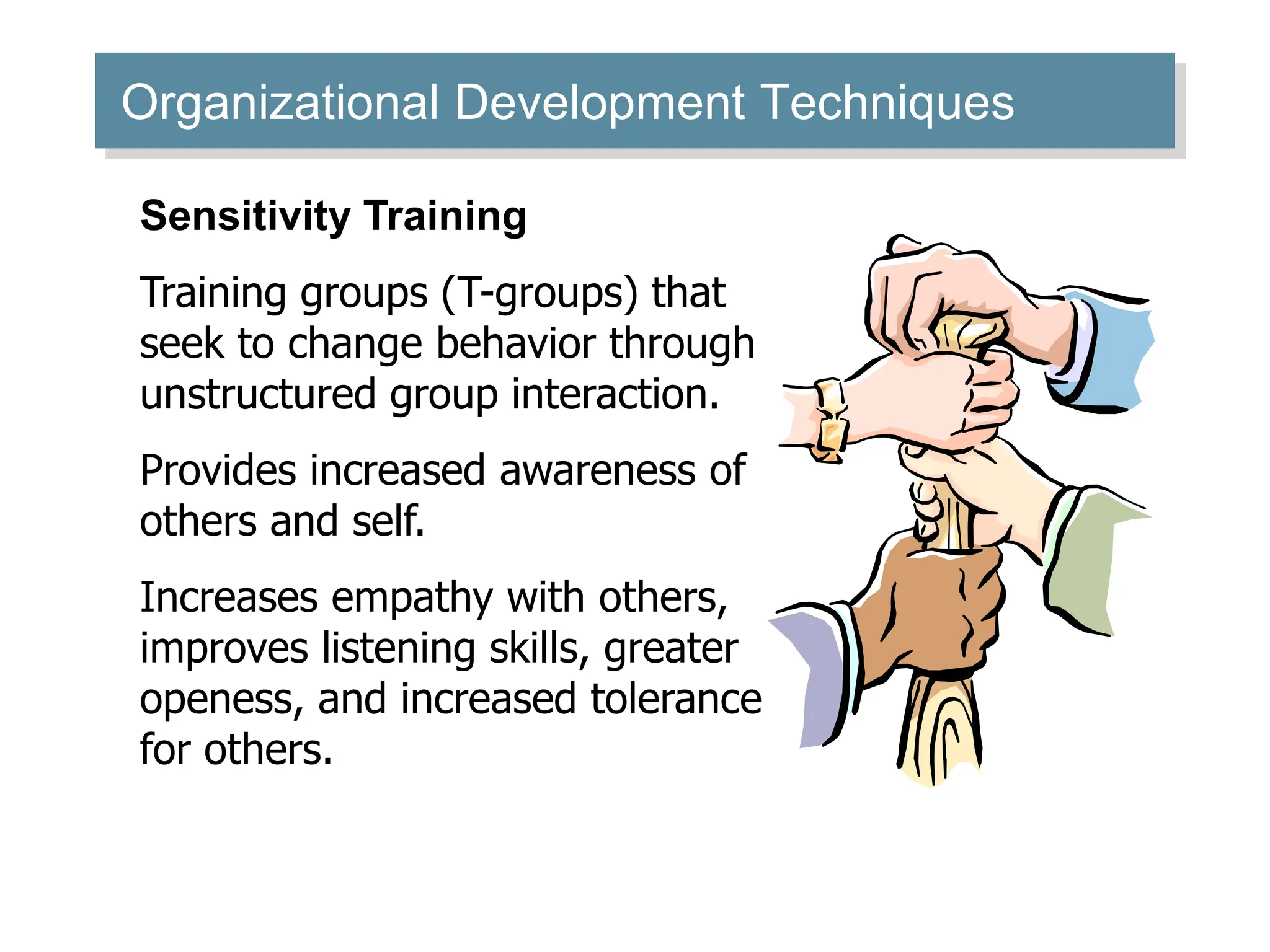 Organizational Development Techniques
Sensitivity Training
Training groups (T-groups) that
seek to change behavior through
unstructured group interaction.
Provides increased awareness of
others and self.
Increases empathy with others,
improves listening skills, greater
openess, and increased tolerance
for others.
 
