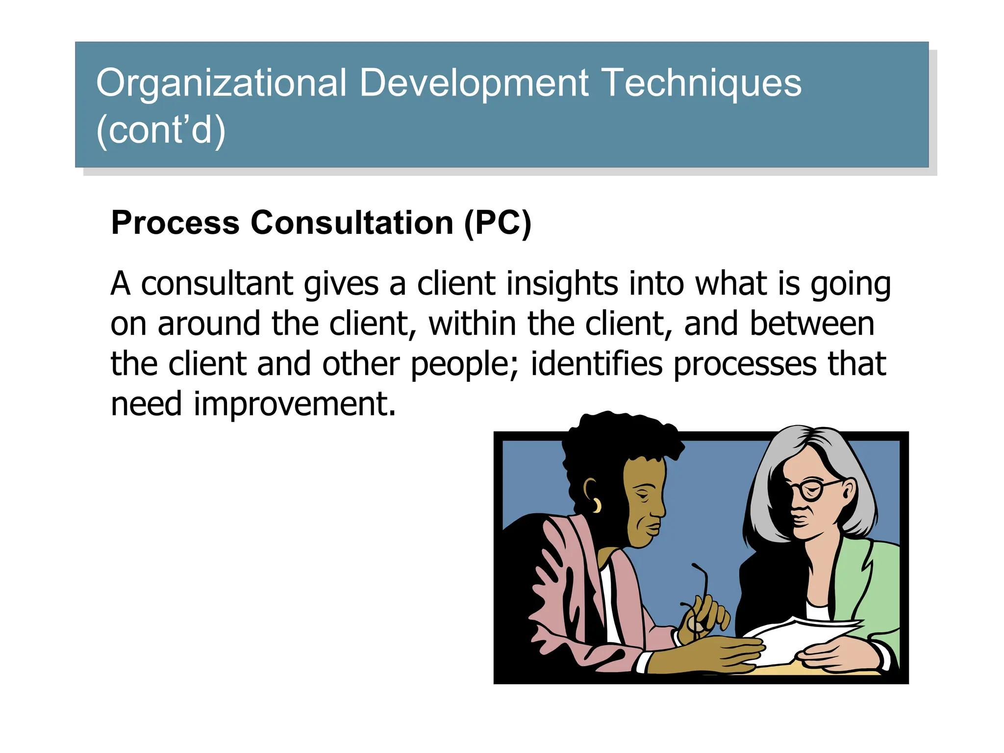 Organizational Development Techniques
(cont’d)
Process Consultation (PC)
A consultant gives a client insights into what is going
on around the client, within the client, and between
the client and other people; identifies processes that
need improvement.
 