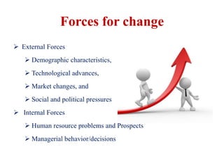 Forces for change
 External Forces
 Demographic characteristics,
 Technological advances,
 Market changes, and
 Social and political pressures
 Internal Forces
 Human resource problems and Prospects
 Managerial behavior/decisions
 