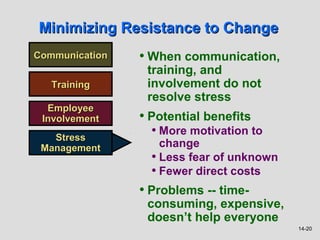 Minimizing Resistance to Change
Communication   • When communication,
                 training, and
   Training      involvement do not
                 resolve stress
  Employee
 Involvement    • Potential benefits
   Stress
                  • More motivation to
 Management         change
                  • Less fear of unknown
                  • Fewer direct costs
                • Problems -- time-
                 consuming, expensive,
                 doesn’t help everyone
                                           14-20
 