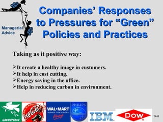 Companies’ Responses
Managerial
              to Pressures for “Green”
Advice
                Policies and Practices
     Taking as it positive way:
     It create a healthy image in customers.
     It help in cost cutting.
     Energy saving in the office.
     Help in reducing carbon in environment.




                                                14-8
 