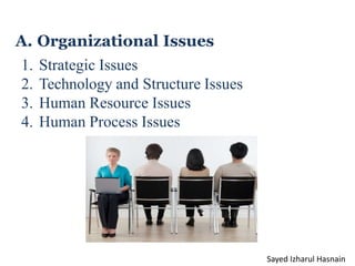 A. Organizational Issues
1. Strategic Issues
2. Technology and Structure Issues
3. Human Resource Issues
4. Human Process Issues
Sayed Izharul Hasnain
 