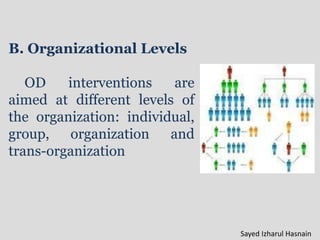 B. Organizational Levels
OD interventions are
aimed at different levels of
the organization: individual,
group, organization and
trans-organization
Sayed Izharul Hasnain
 