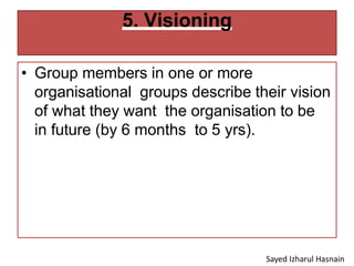5. Visioning
• Group members in one or more
organisational groups describe their vision
of what they want the organisation to be
in future (by 6 months to 5 yrs).
Sayed Izharul Hasnain
 