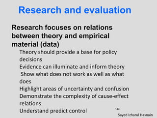 144
Research and evaluation
Research focuses on relations
between theory and empirical
material (data)
Theory should provide a base for policy
decisions
Evidence can illuminate and inform theory
Show what does not work as well as what
does
Highlight areas of uncertainty and confusion
Demonstrate the complexity of cause-effect
relations
Understand predict control
Sayed Izharul Hasnain
 