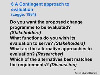 162
6 A Contingent approach to
evaluation
(Legge, 1984)
Do you want the proposed change
programme to be evaluated?
(Stakeholders)
What functions do you wish its
evaluation to serve? (Stakeholders)
What are the alternative approaches to
evaluation? (Researcher)
Which of the alternatives best matches
the requirements? (Discussion)
Sayed Izharul Hasnain
 