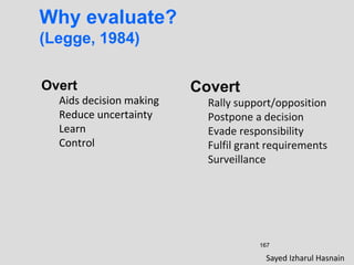 167
Why evaluate?
(Legge, 1984)
Overt
Aids decision making
Reduce uncertainty
Learn
Control
Covert
Rally support/opposition
Postpone a decision
Evade responsibility
Fulfil grant requirements
Surveillance
Sayed Izharul Hasnain
 