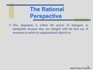 The Rational
Perspective
28
 This alignment is within the power of managers to
manipulate because they are charged with the best use of
resources to achieves organizational objectives.
Sayed Izharul Hasnain
 