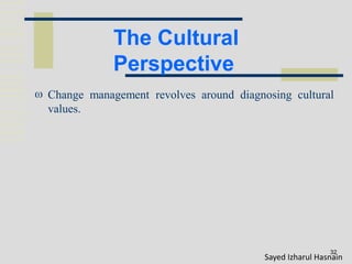 The Cultural
Perspective
32
 Change management revolves around diagnosing cultural
values.
Sayed Izharul Hasnain
 