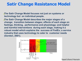 Satir Change Resistance Model
►
►
The Satir Change Model focuses not just on systems or
technology but on individual people.
The Satir Change Model describes the major stages of a
change; transition between stages; effects of each stage on
feelings, thinking, performance and physiology; and helpful
and harmful interventions during each stage, making it a
robust model which explains the success of FedEx; a service
industry that uses technology to cater to customer needs
(Gordon, 2001).
Fig. 1 Satir Change Model
Sayed Izharul Hasnain
 
