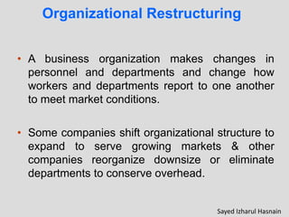 Organizational Restructuring
• A business organization makes changes in
personnel and departments and change how
workers and departments report to one another
to meet market conditions.
• Some companies shift organizational structure to
expand to serve growing markets & other
companies reorganize downsize or eliminate
departments to conserve overhead.
Sayed Izharul Hasnain
 