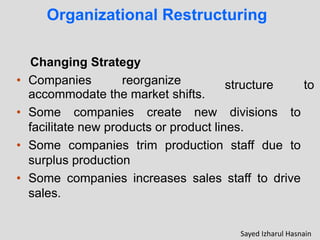 Changing Strategy
• Companies reorganize structure to
accommodate the market shifts.
• Some companies create new divisions to
facilitate new products or product lines.
• Some companies trim production staff due to
surplus production
• Some companies increases sales staff to drive
sales.
Organizational Restructuring
Sayed Izharul Hasnain
 