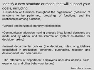 Identify a new structure or model that will support your
goals, including:
•Distribution of functions throughout the organization (definition of
functions to be performed, groupings of functions, and the
relationships among functions)
•Vertical and horizontal authority relationships
•Communication/decision-making process (how formal decisions are
made and by whom, and the information system established for
decision-making)
•Internal departmental policies (the decisions, rules, or guidelines
established in production, personnel, purchasing, research and
development, and other areas)
•The attributes of department employees (includes abilities, skills,
experience, and other behavioral issues)
Sayed Izharul Hasnain
 