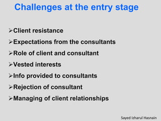 Challenges at the entry stage
Client resistance
Expectations from the consultants
Role of client and consultant
Vested interests
Info provided to consultants
Rejection of consultant
Managing of client relationships
Sayed Izharul Hasnain
 